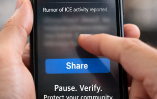 Smartphone screen showing an unverified “ICE raid?” alert with a finger paused above the share button, illustrating the importance of verifying information before sharing immigration enforcement rumors.